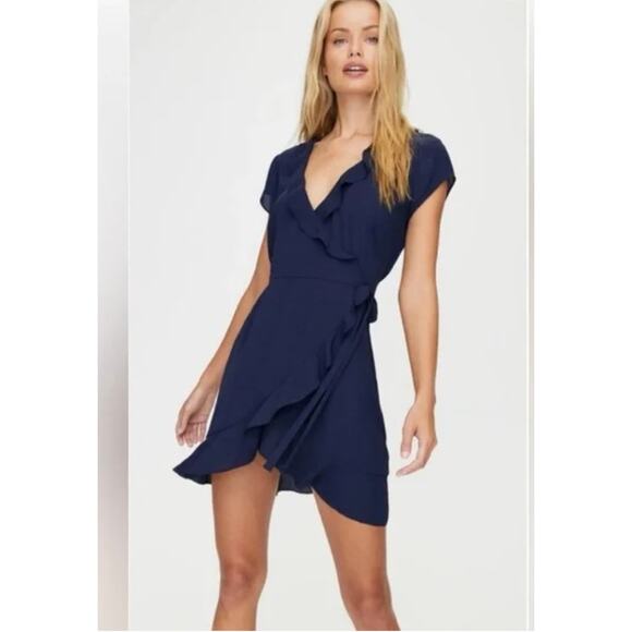 Aritzia Sunday Best Ruffle Wrap Chiffon Navy Mini Dress Size 2 - Picture 1 of 12